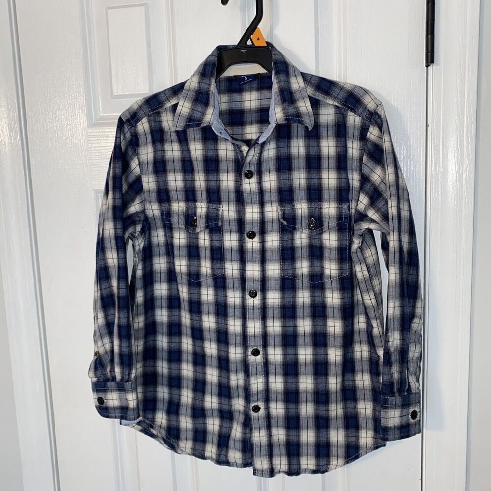 Gap Kids Youth Boys Plaid shirt size M (8) 100% Cotton Blue / Off White